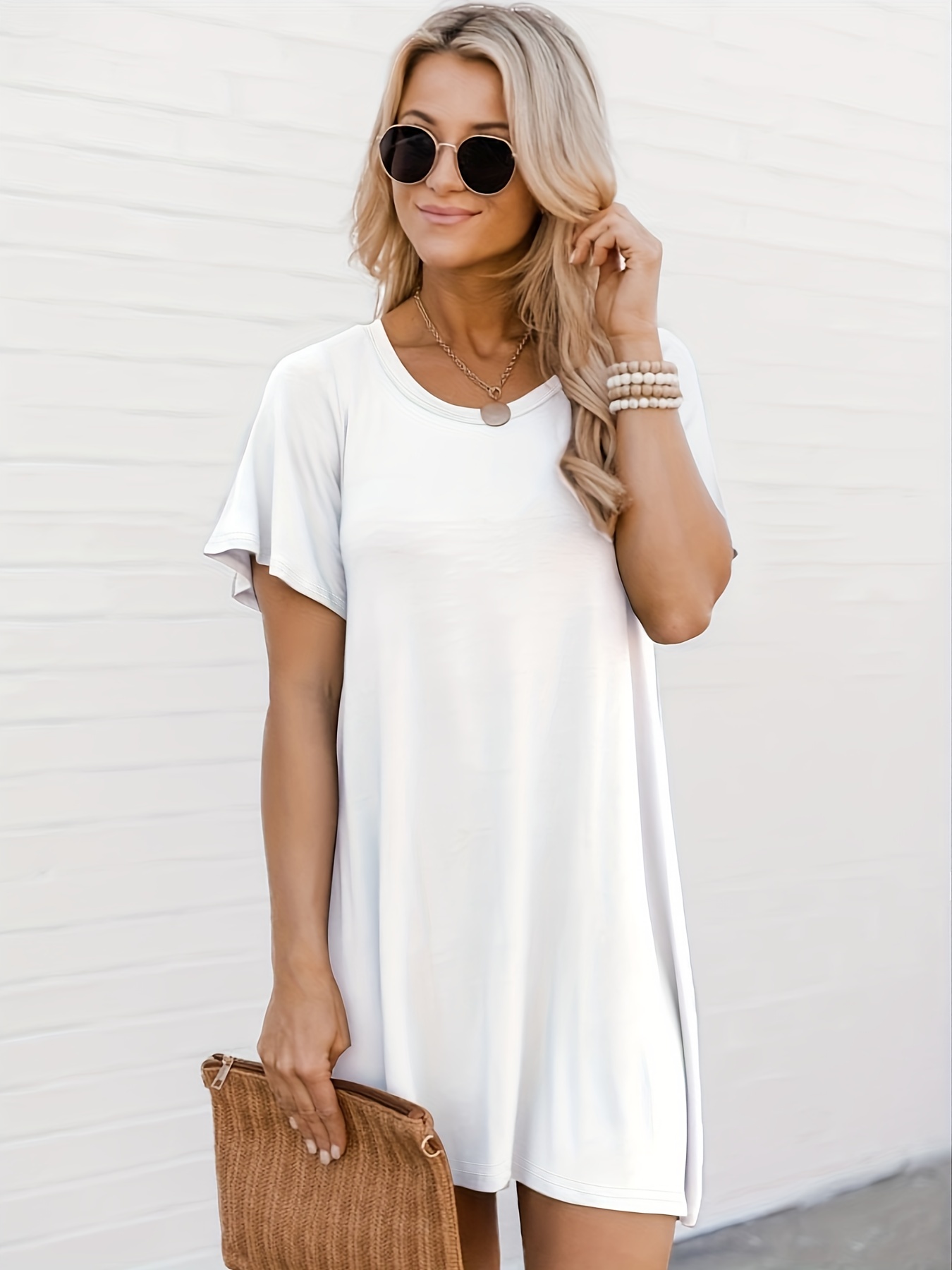 Boho Style Round Neck Dress, Casual Short Sleeves Dress For Spring &  Summer, Women's Clothing