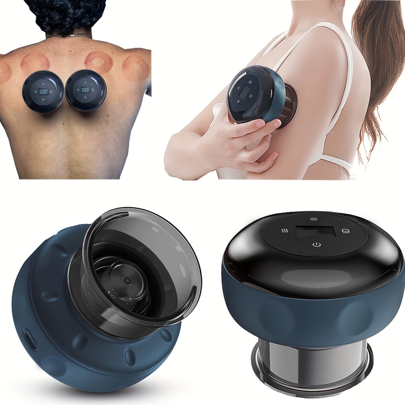 4-in-1 Heated Electric Cupping Massager, Flameless Therapy, Featuring Heating, Massage, Red Light, And Dynamic Suction Functions, Targeted To Relieve Pain, Detoxify, Promote Mobility, Circulation, And Tighten The Skin Blue