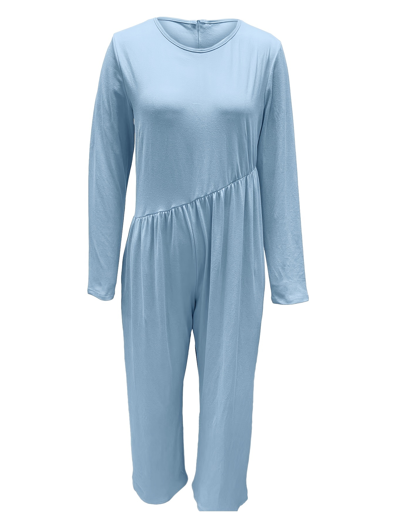 Ruched Simple Jumpsuit Casual Long Sleeve Solid Wide Leg - Temu Canada