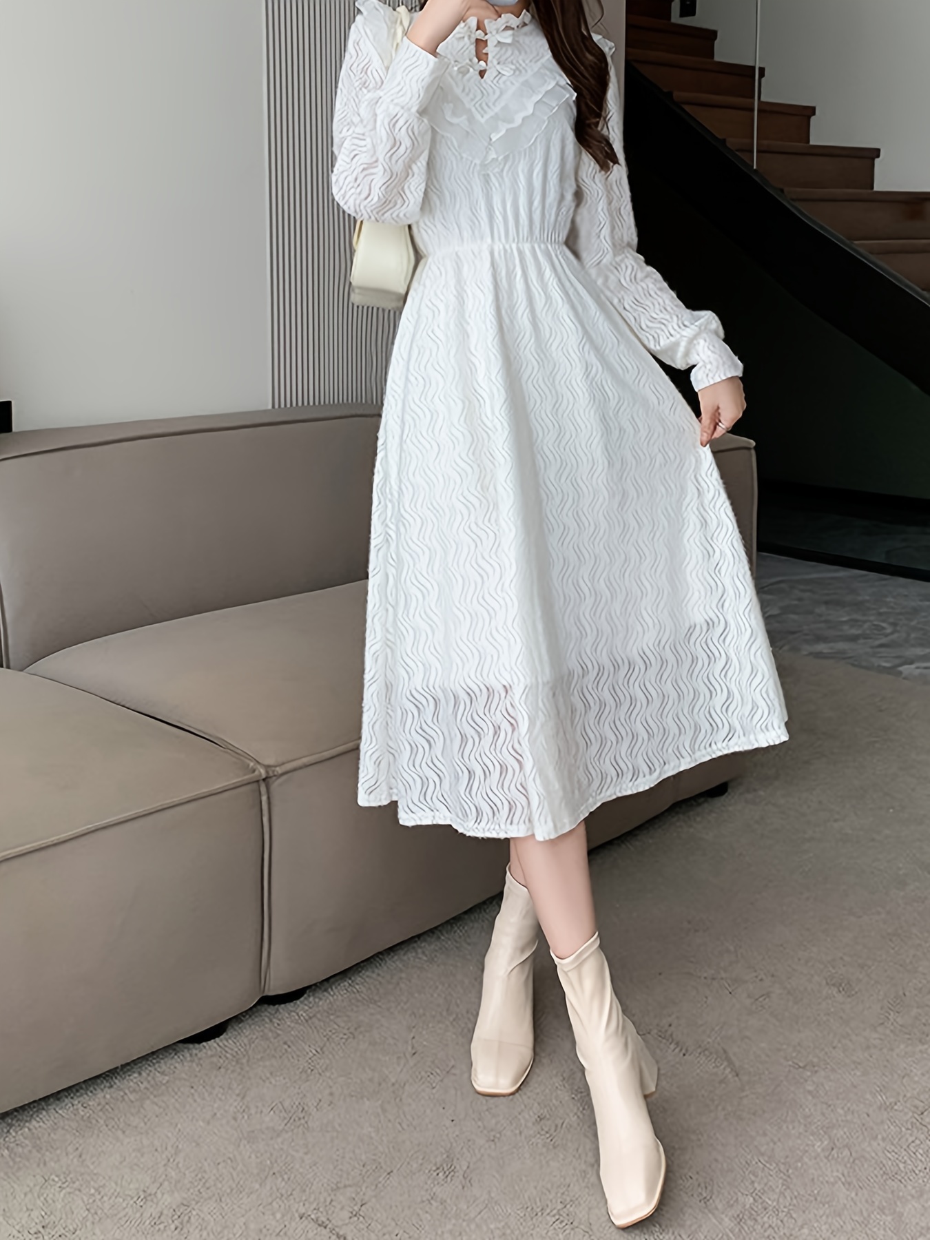 Contrast Lace Long Sleeve Dress Chic Dragonfly Button Front - Temu