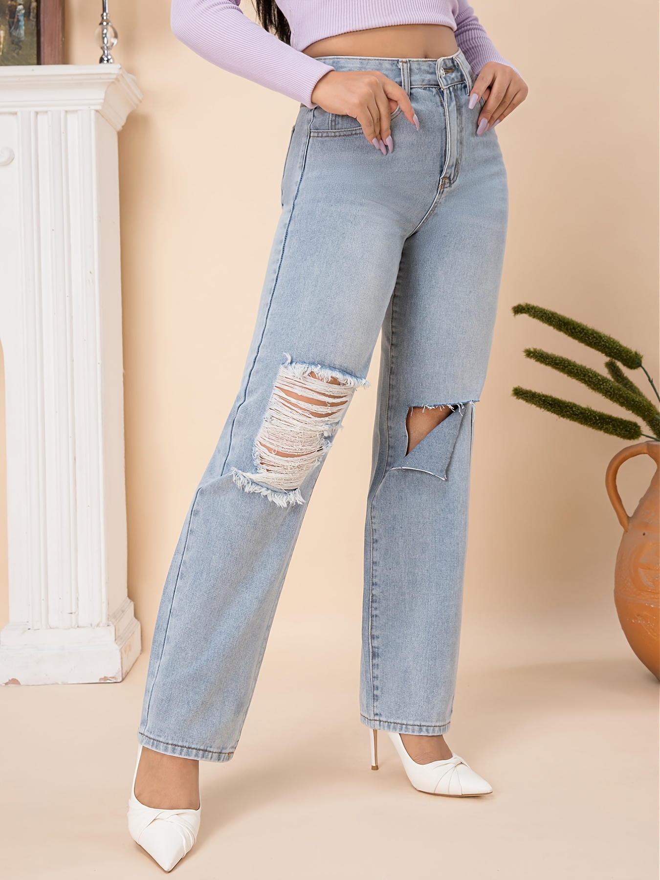 Knee Cut High Straight Leg Jeans Ripped Washed Solid - Temu