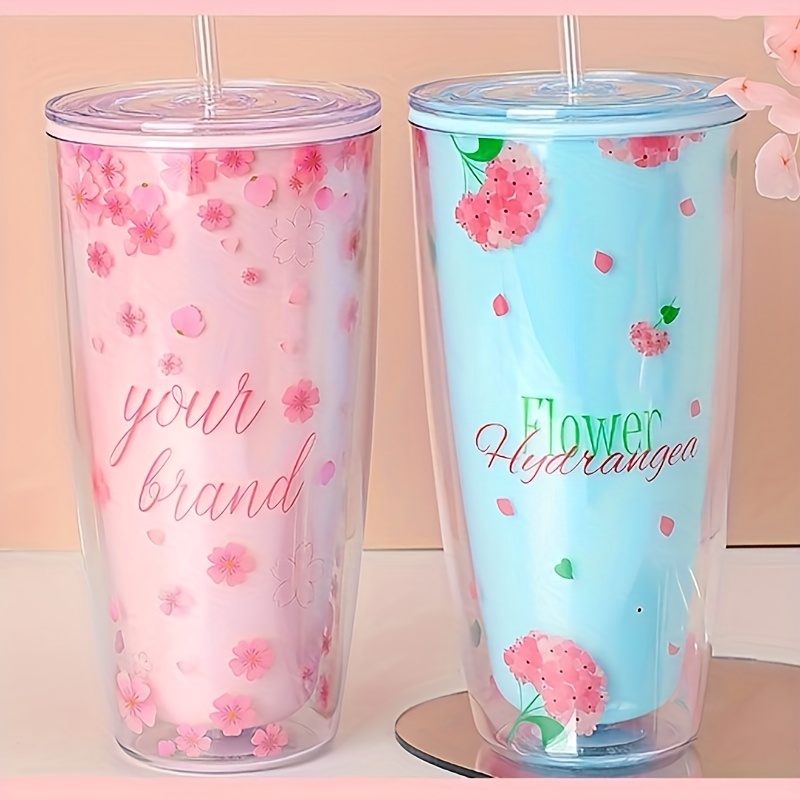 1pc 350ml Glass Cup With Pearl Handle And Straw, Female Coffee Cup