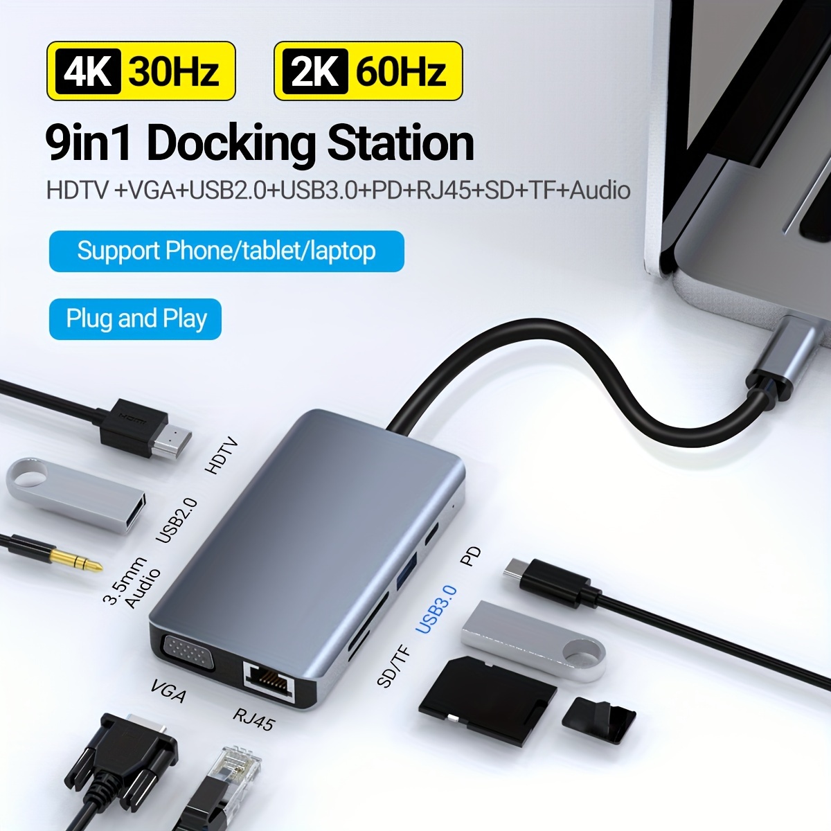 Hub USB C, estación de acoplamiento USB C 13 en 1, adaptador tipo C de  triple pantalla con doble HDMI 4K, DP, cargador PD, Gigabit Ethernet, 5  puertos USB, lector de tarjetas