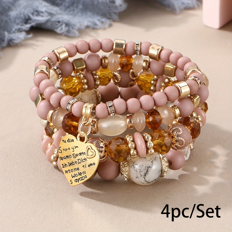 Multi Beaded Bracelets Layer Stretch Heart Charms Pink Beach Hippie BOHO  4PCS