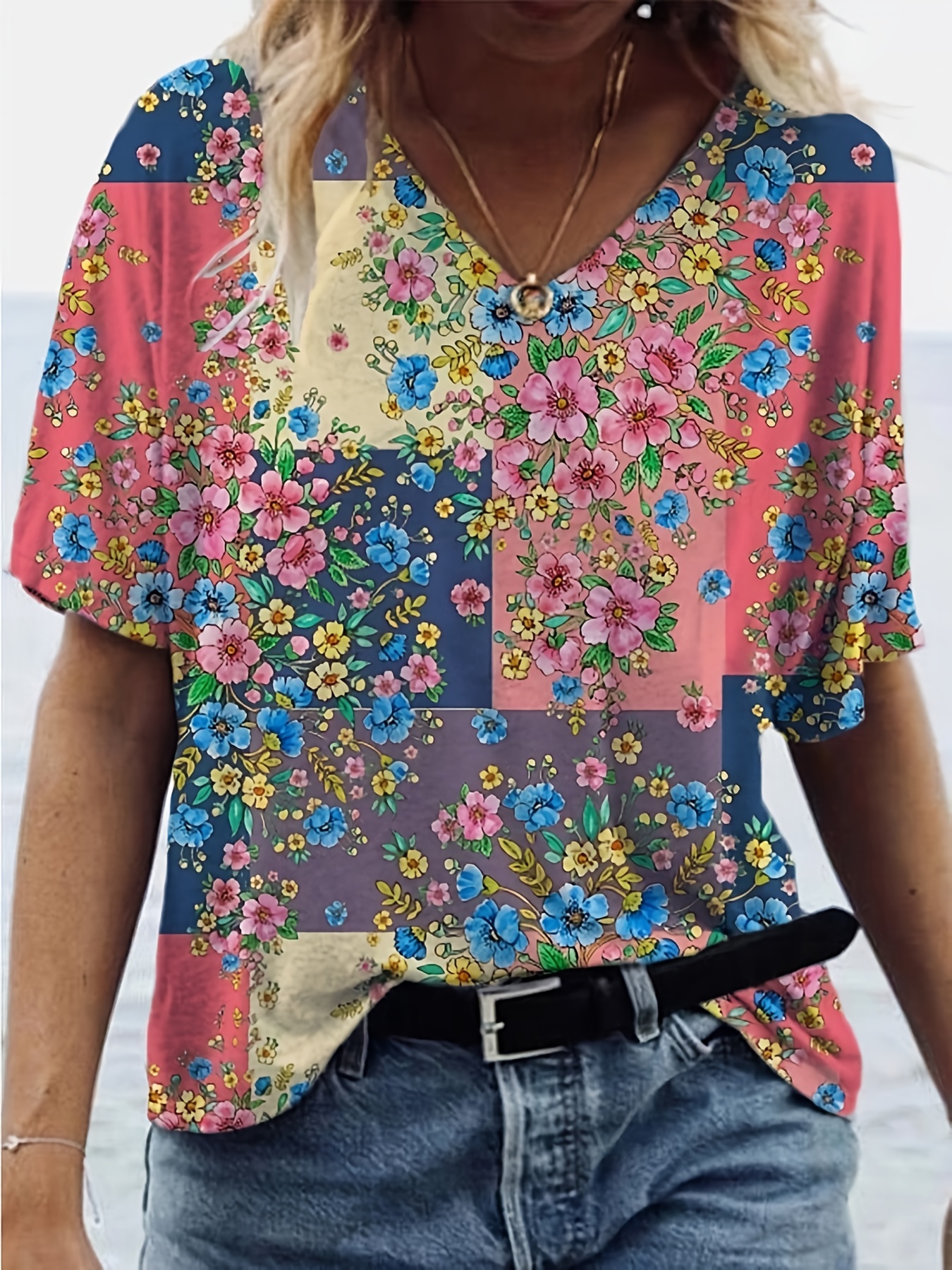 Floral Print V Neck T shirt Casual Loose Short Sleeve Summer - Temu