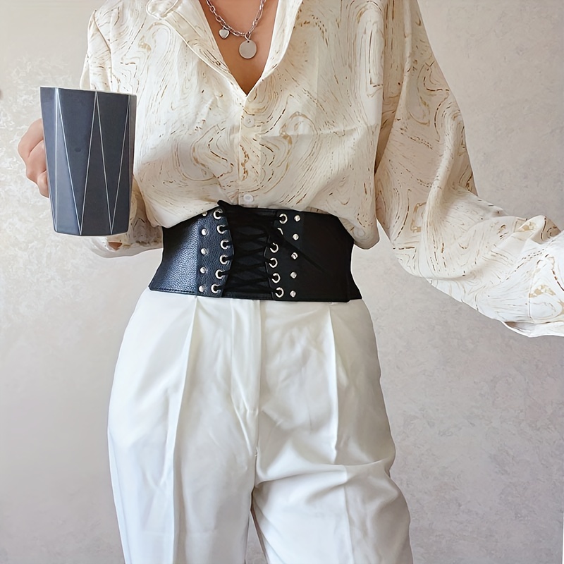 Vintage Elastic Wide Belt Black Lace Up Corset Waspie Waistband Simple PU  Dress Girdle For Women Girls