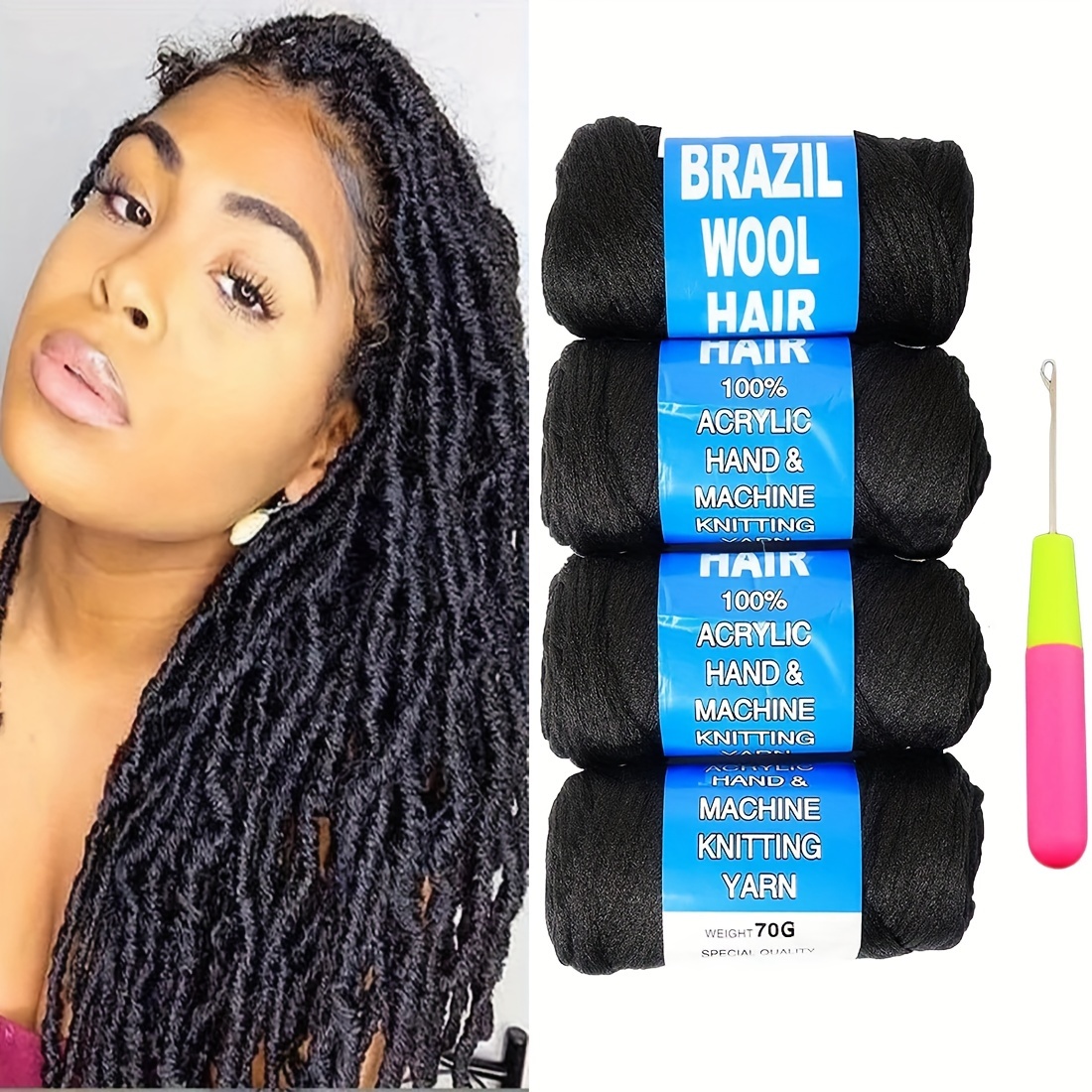 Brazilian Wool Hair 4 Roll 100% Brazilian Wool Hair for African Crochet  Hair Braiding Twisting Jumbo Braids/Senegalese Twist/Faux Locs/Wraps with