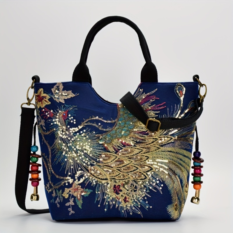 Ethnic Style Embroidery Sequin Tote Bag, Canvas Peacock Embroidery Large Capacity Shoulder Bag, Elegent Commuter Bag