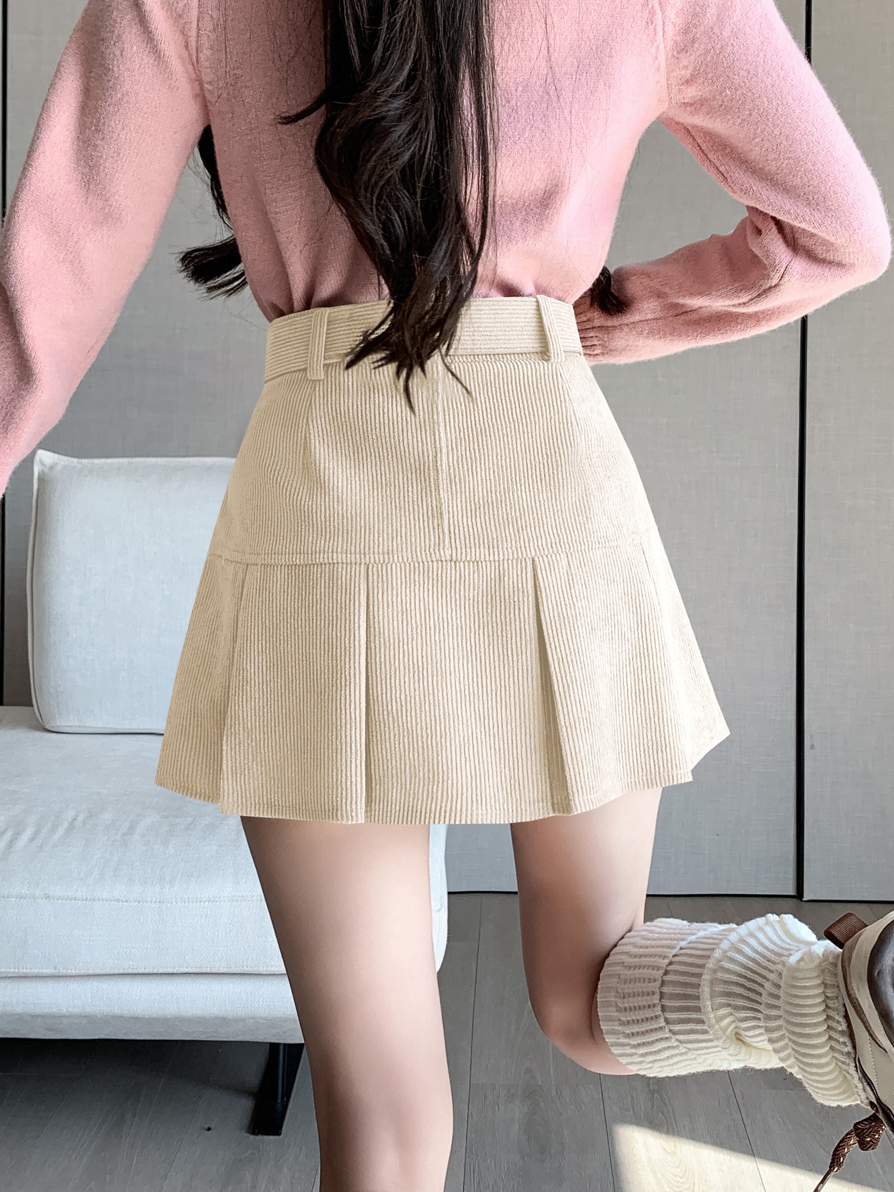 Solid High Waist Corduroy Skirt Casual Pleated Mini Skirt - Temu