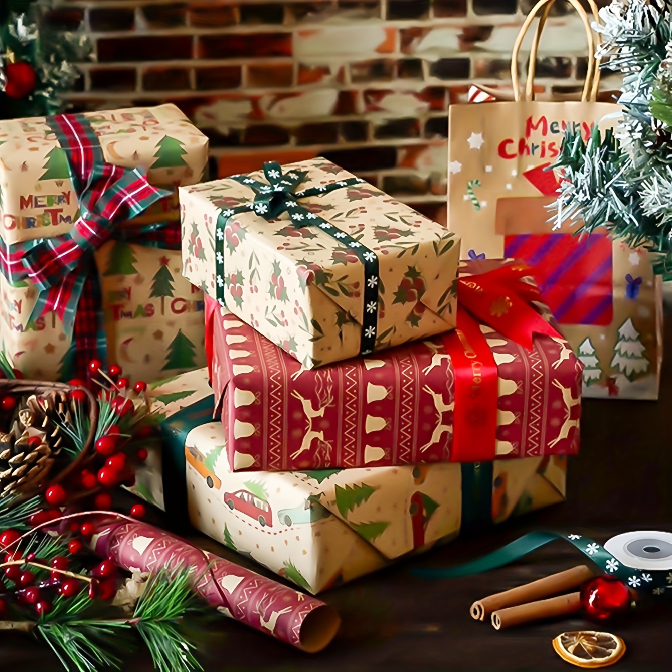 Vintage Christmas Kraft Paper Wrapping Paper Cute Cartoon - Temu