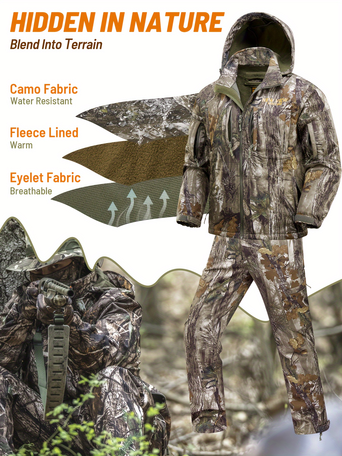 Ropa de caza de camuflaje para hombre, chaqueta y pantalón impermeable a  prueba de viento, chaqueta cálida de forro polar con capucha