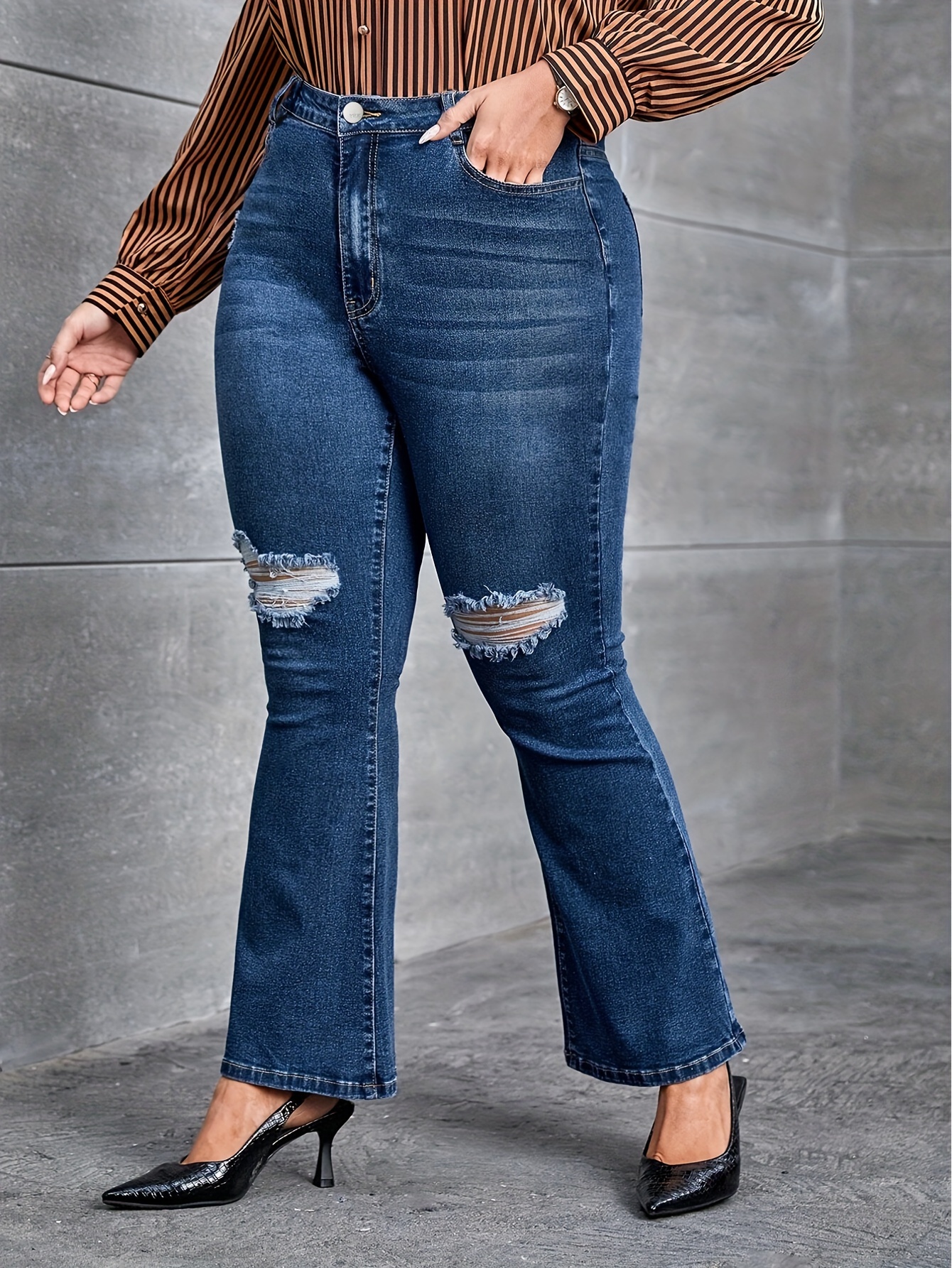 Jeans Acampanados Rasgados Tiro Alto Talla Pantalones - Temu