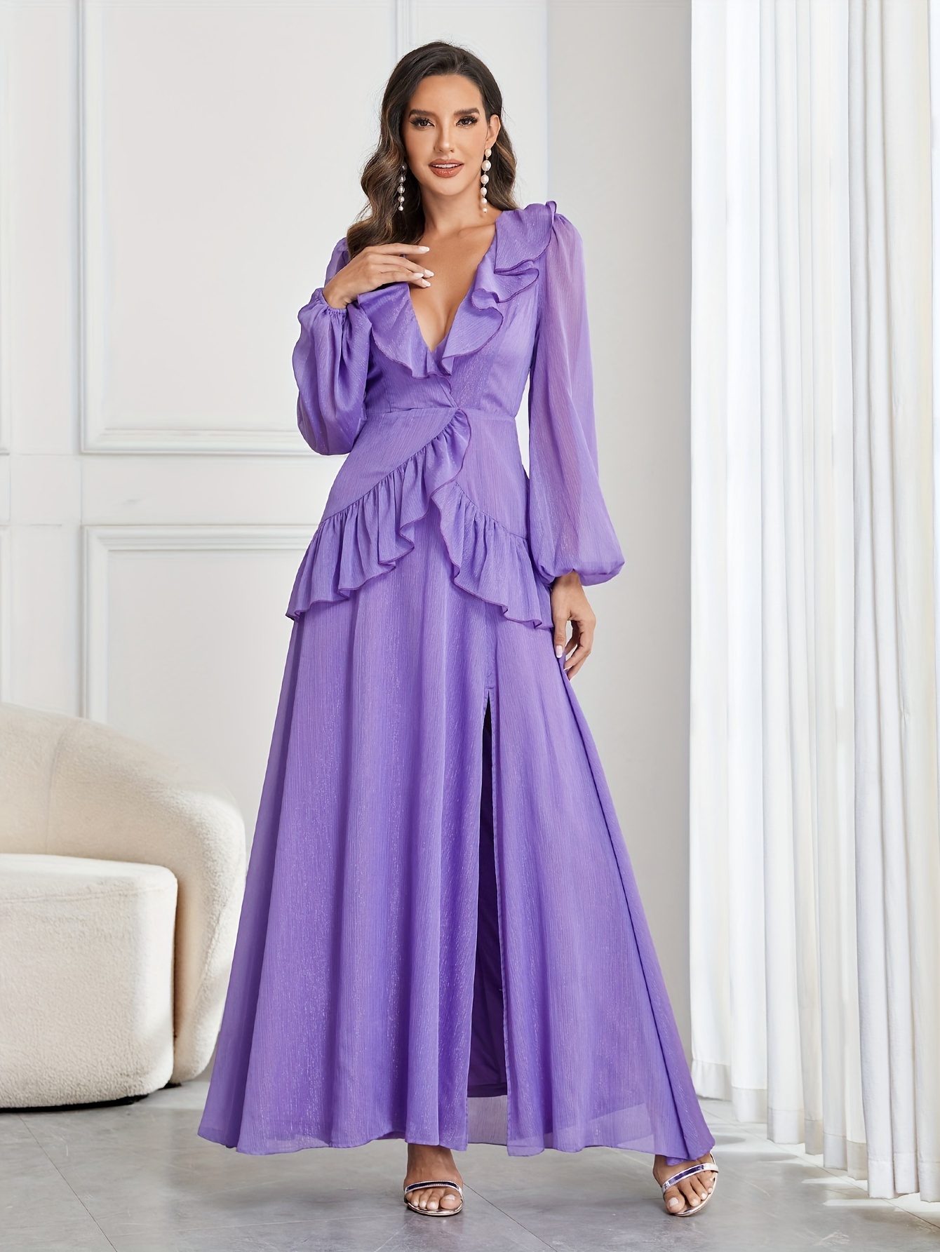 Sexy Solid Elegant V Neck Wedding Dress, High Neck High Split Long Sleeve  Cocktail Party Dress, Women's Clothing