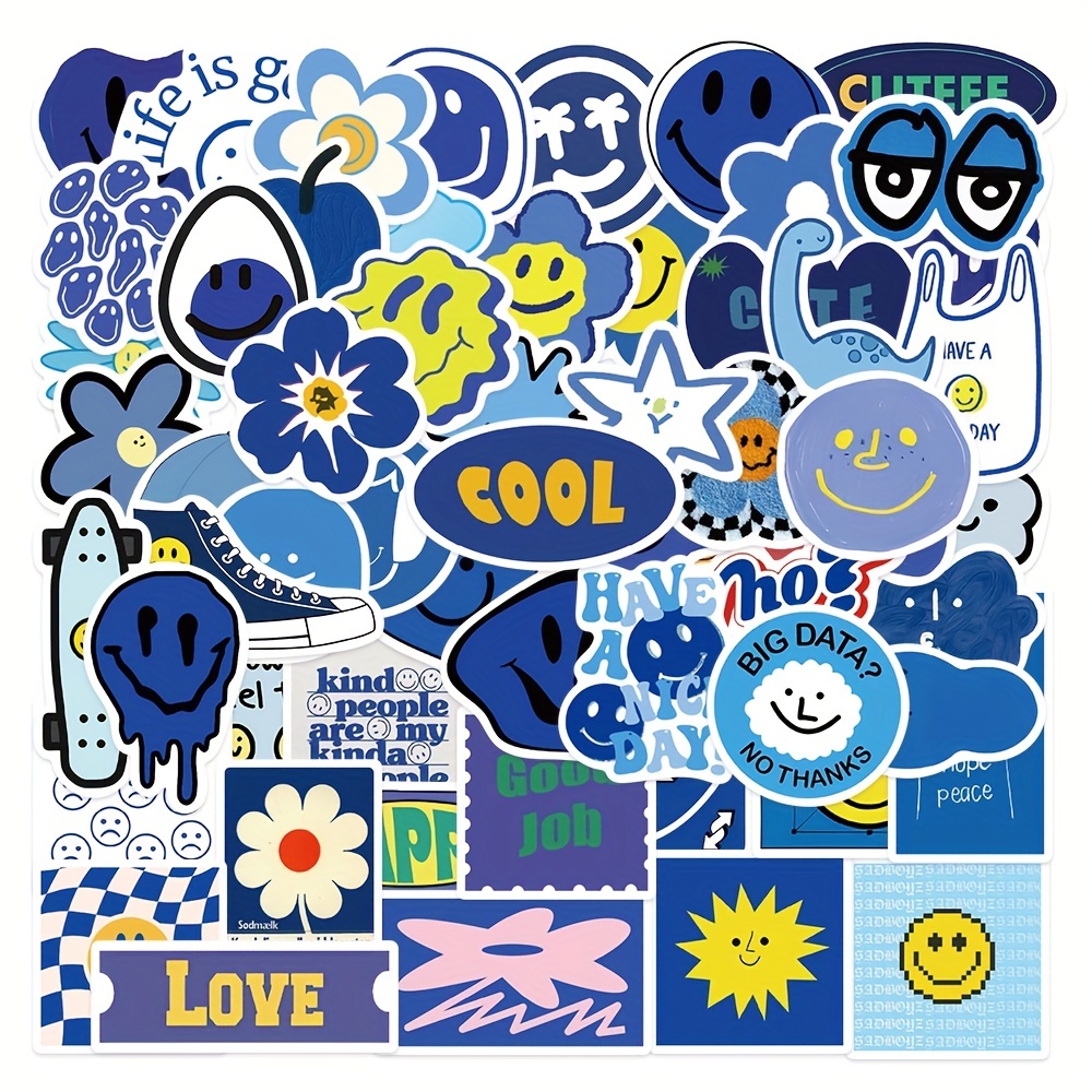 New Aesthetic Blue Doodle Waterproof Stickers Diy Creative - Temu