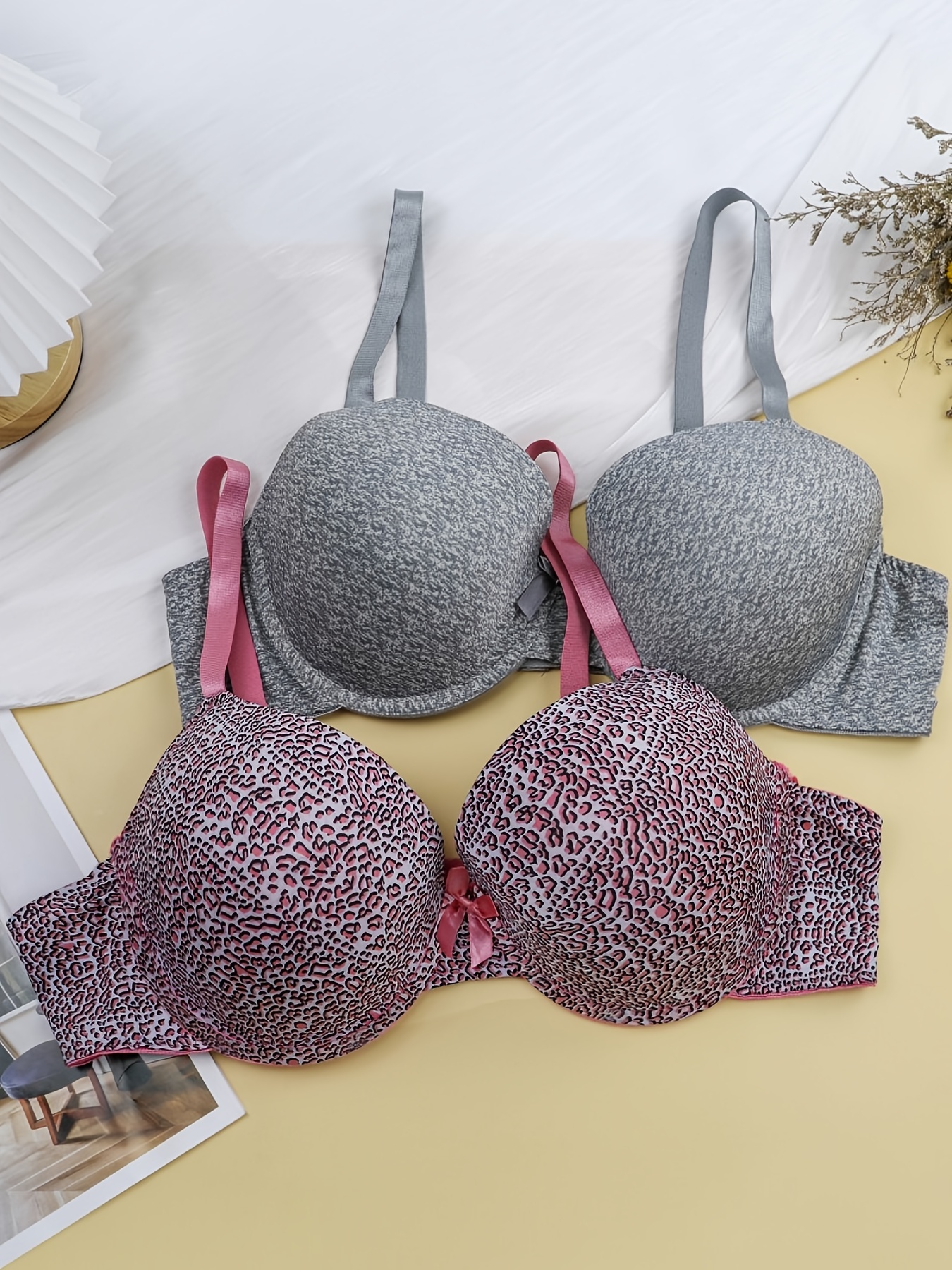 2 Pack Plus Size Casual Bras Set, Women's Plus Bow Knot Underwire Full  Coverage Hook & Eye Back Closure Supportive Bras 2pcs Set