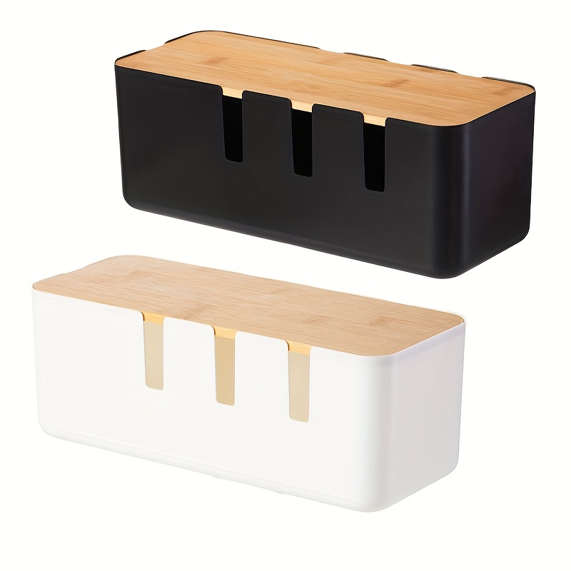 

1pc Household Cable Management Box, Plastic Power Cable Storage Box With Wooden Lid & 7 Holes, Plug-in Board Charger Power Cord Storage Case, Desktop Protecting Box, Makeup Organizer