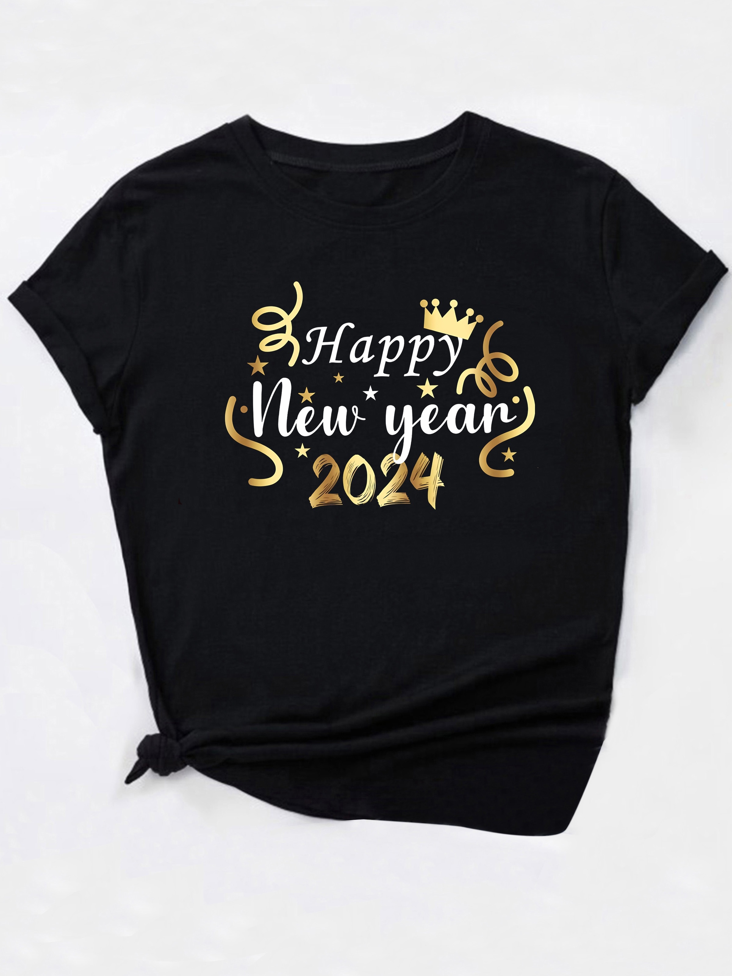 Happy 2024 New Year Print Casual Fashion Sports T-shirt, Short Sleeve Round  Neck Running Workout Tops, Women's Activewear