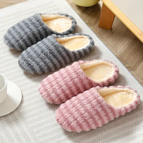 Women's Striped Plush Slippers, Warm & Cozy Closed Toe Fuzzy Shoes ...