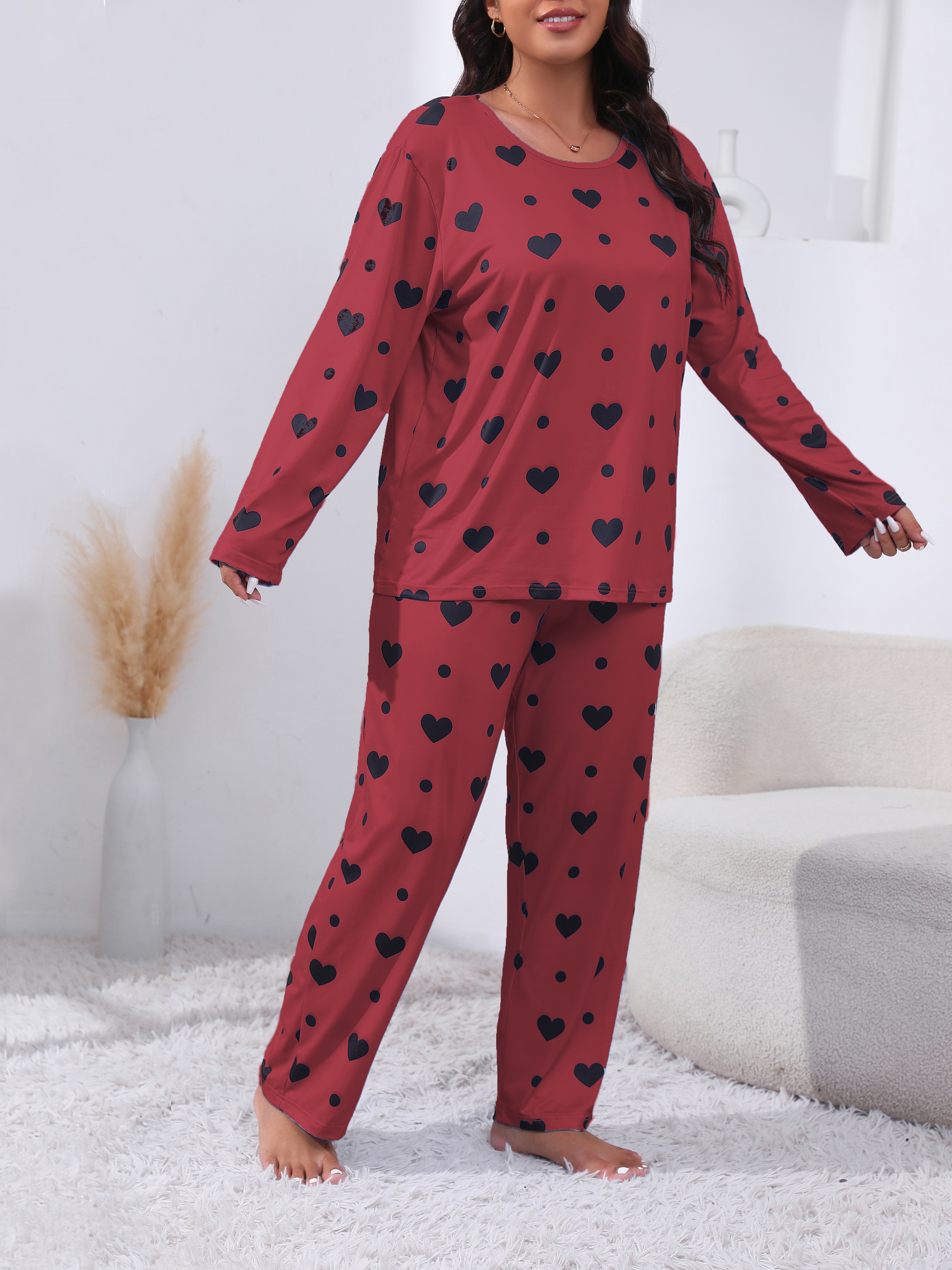 Plus Size Cute Pajamas Set Women's Plus Heart Print Long Temu
