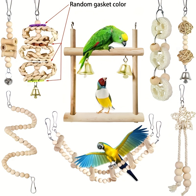 

8pcs Pet Bird Toy Set - Swing, Chewing Toy, Bell, Hammock, Climbing Ladders - Perfect For Parrots And Other Pet Birds