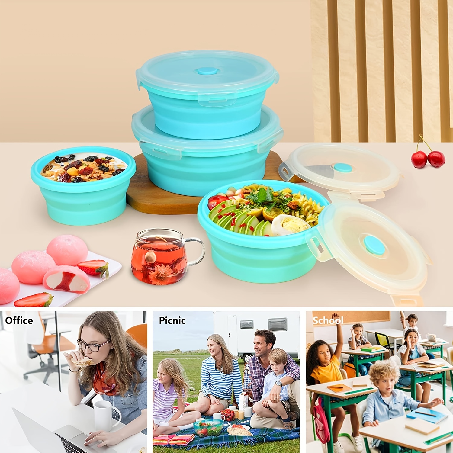 Silicone Collapsible Food Containers - Portable Lunch Box, Microwave Safe,  Travel Accessories, Kitchen Gadgets, Kitchen Stuff, Home Kitchen Items -  Temu