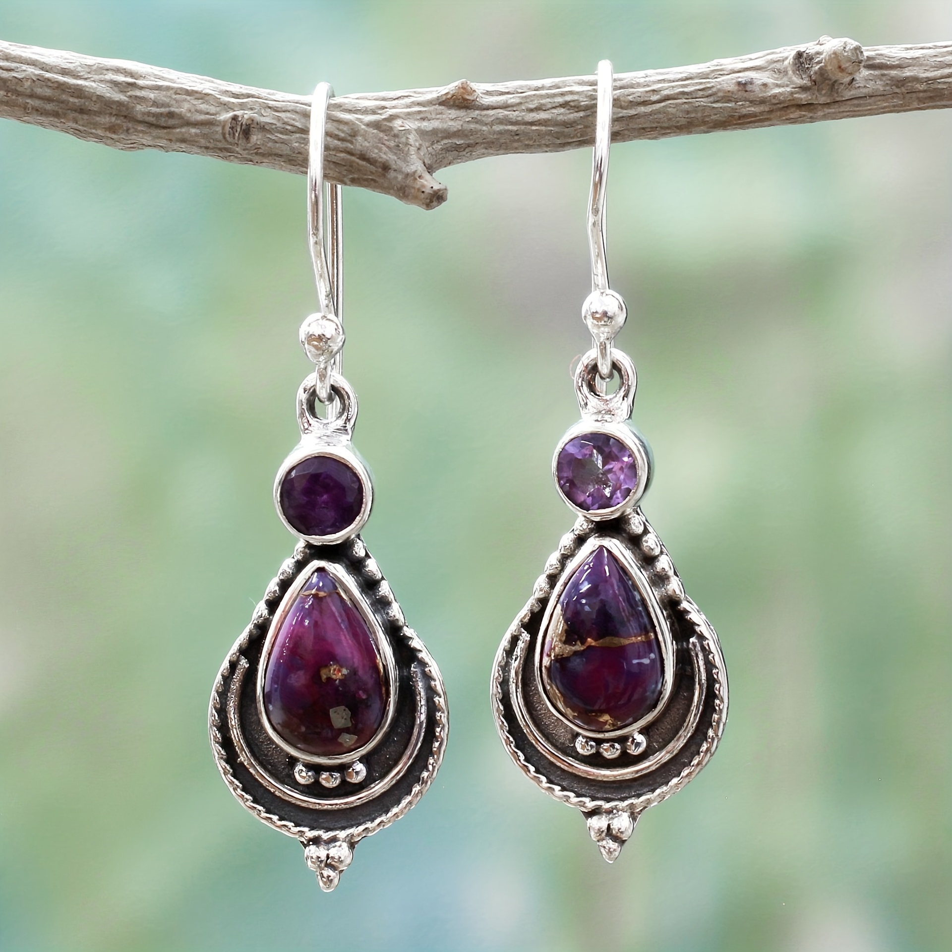 

2pcs/pair Purple Turquoise Earrings, Special Retro Purple Dragon Crystal Earrings