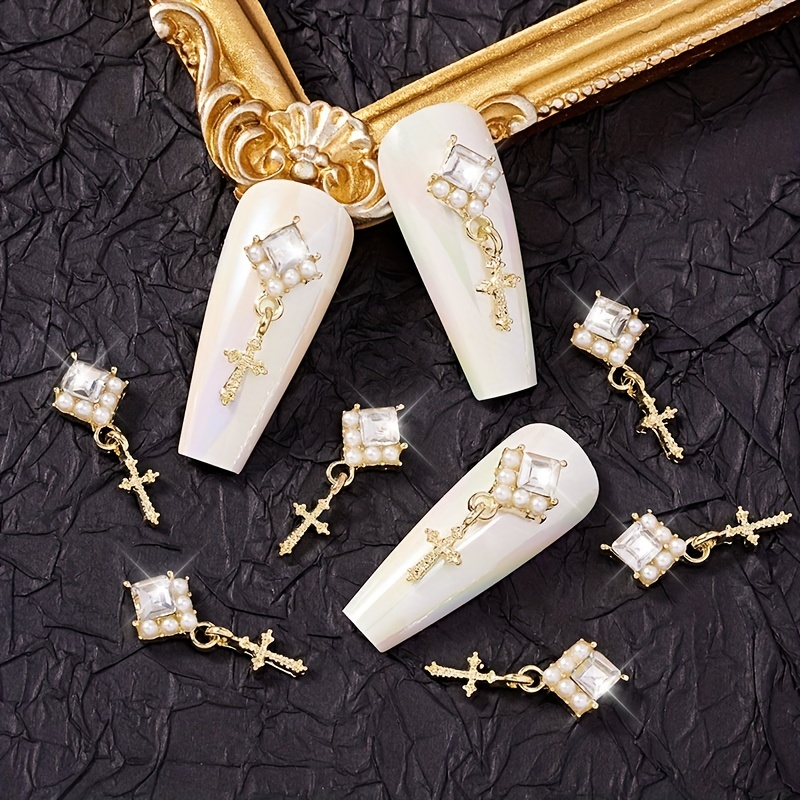 Elegant 3d Cross Nail Charms With Pearl Gems And Diamond - Temu