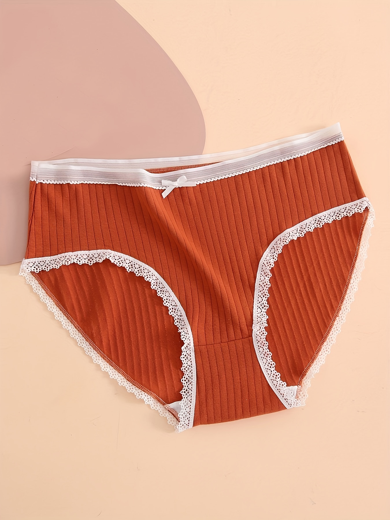5 Pack Plus Size Elegant Panties Set, Women's Plus Ribbed Contrast Lace  Trim Mini Bow Medium Stretch Underwear Five Piece Set
