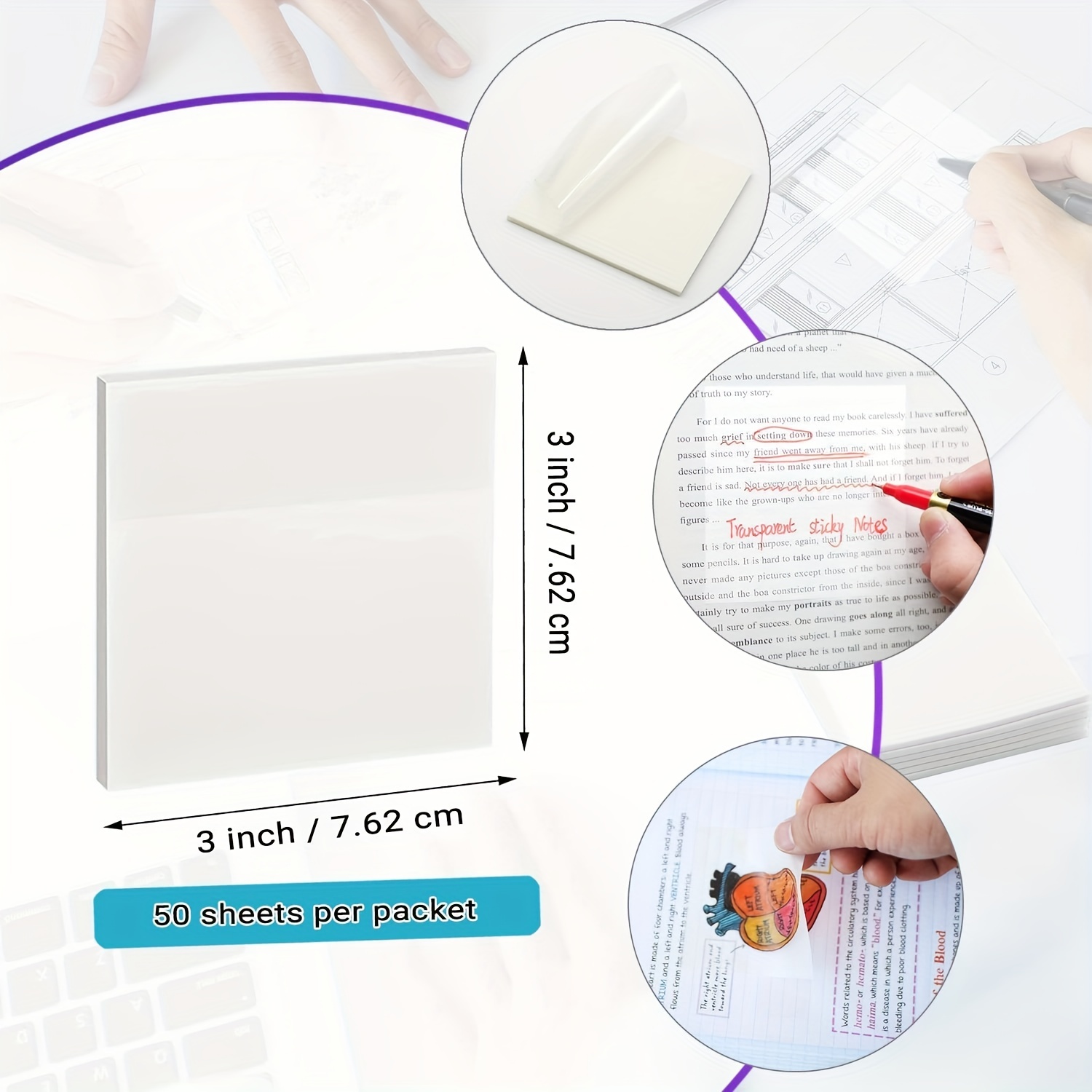Transparent Sticky Notes - 3x3 inch Clear Sticky Notes Waterproof  Self-Adhesive Translucent Sticky Note Pads for Books Annotation, See  Through Sticky