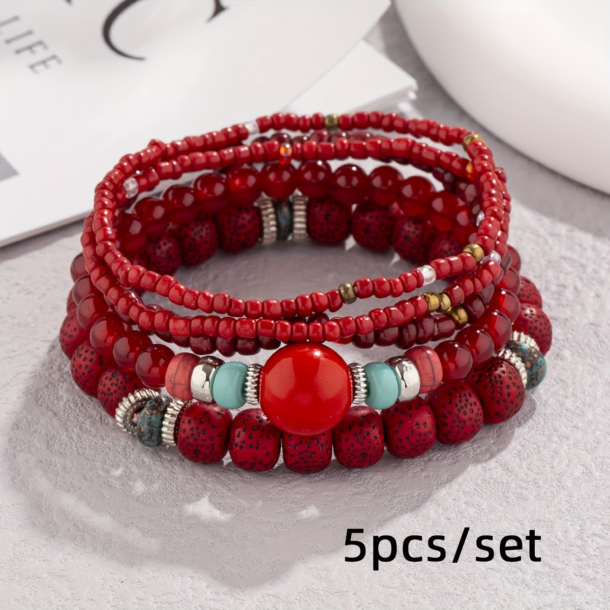 5pcs Boho Style Beaded Bracelet Set with Colorful Soft Clay Beads Stackable Hand String,Temu