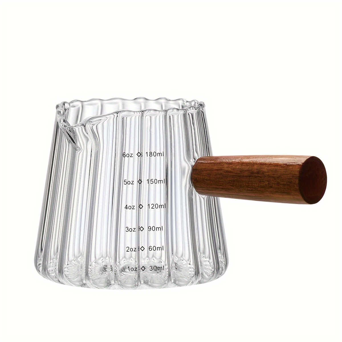 6-ounce Wooden Handle Small Milk Cup, Glass Coffee Measuring Cup, Vertical Striped Mini Milk Jug