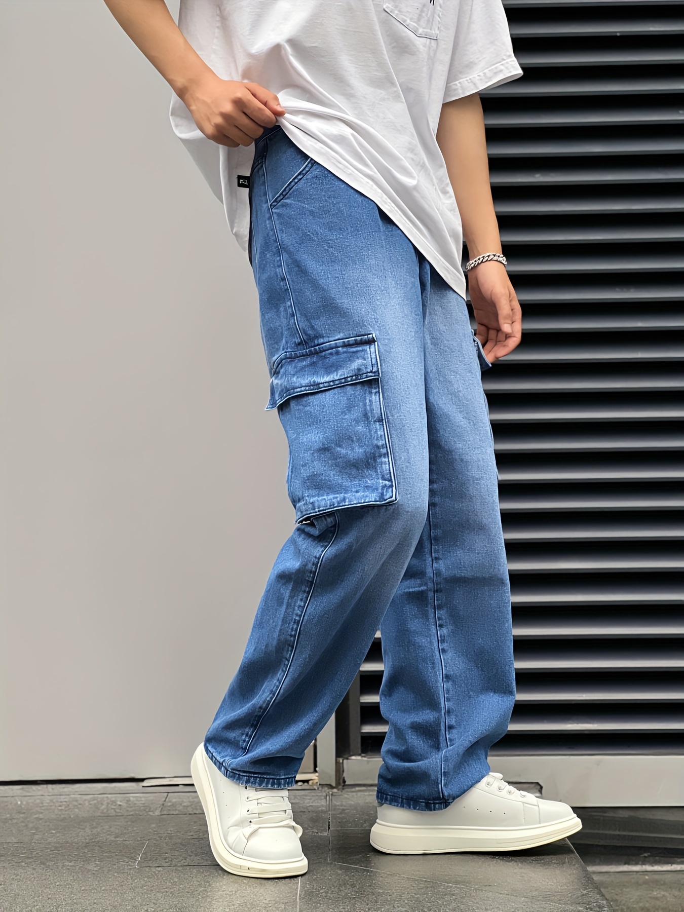 2023 Mens Blue Cargo Jeans With Pockets Loose Fit, Straight Style, Casual  Biker Denim Denim Trousers Mens In Sizes M 3XL From Lonandon, $31.62