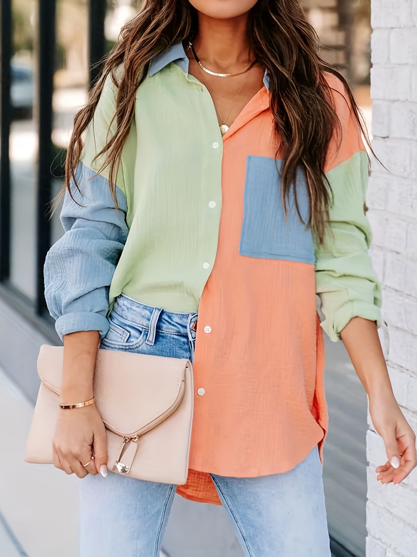 Color Block Stitching Shirt Casual Pocket Long Sleeve Button - Temu