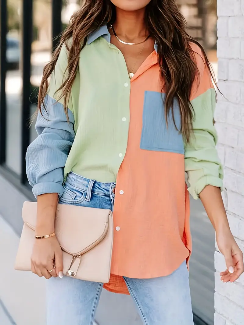 Color Block Stitching Shirt Casual Pocket Long Sleeve Button - Temu