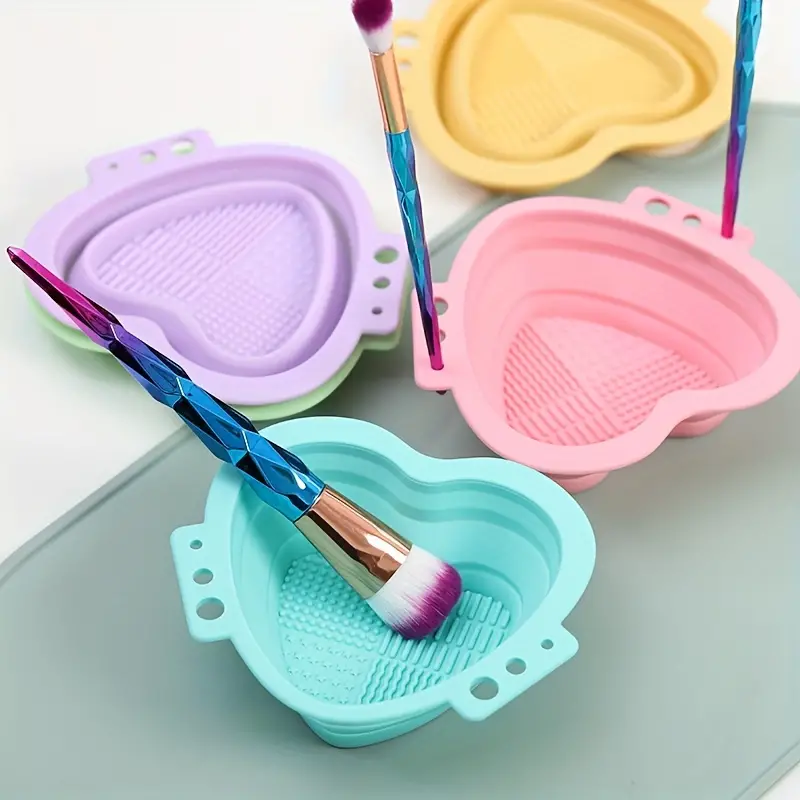 Heart Shaped Folding Silicone Bowl With Brush Holder For - Temu