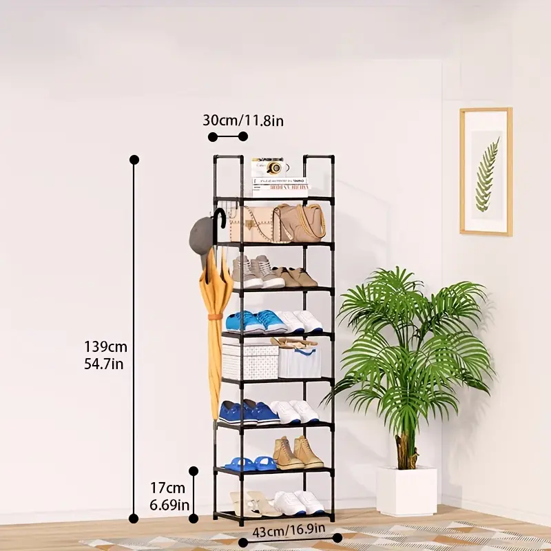 Space-saving Black Metal Shoe Rack With Hooks For Entryway