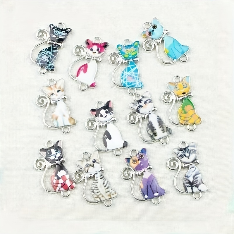 DIY Accessories 6pcs Silver Plated Enamel Colorful Cat Charm for Jewelry Making Bracelet Necklace Craft,Temu