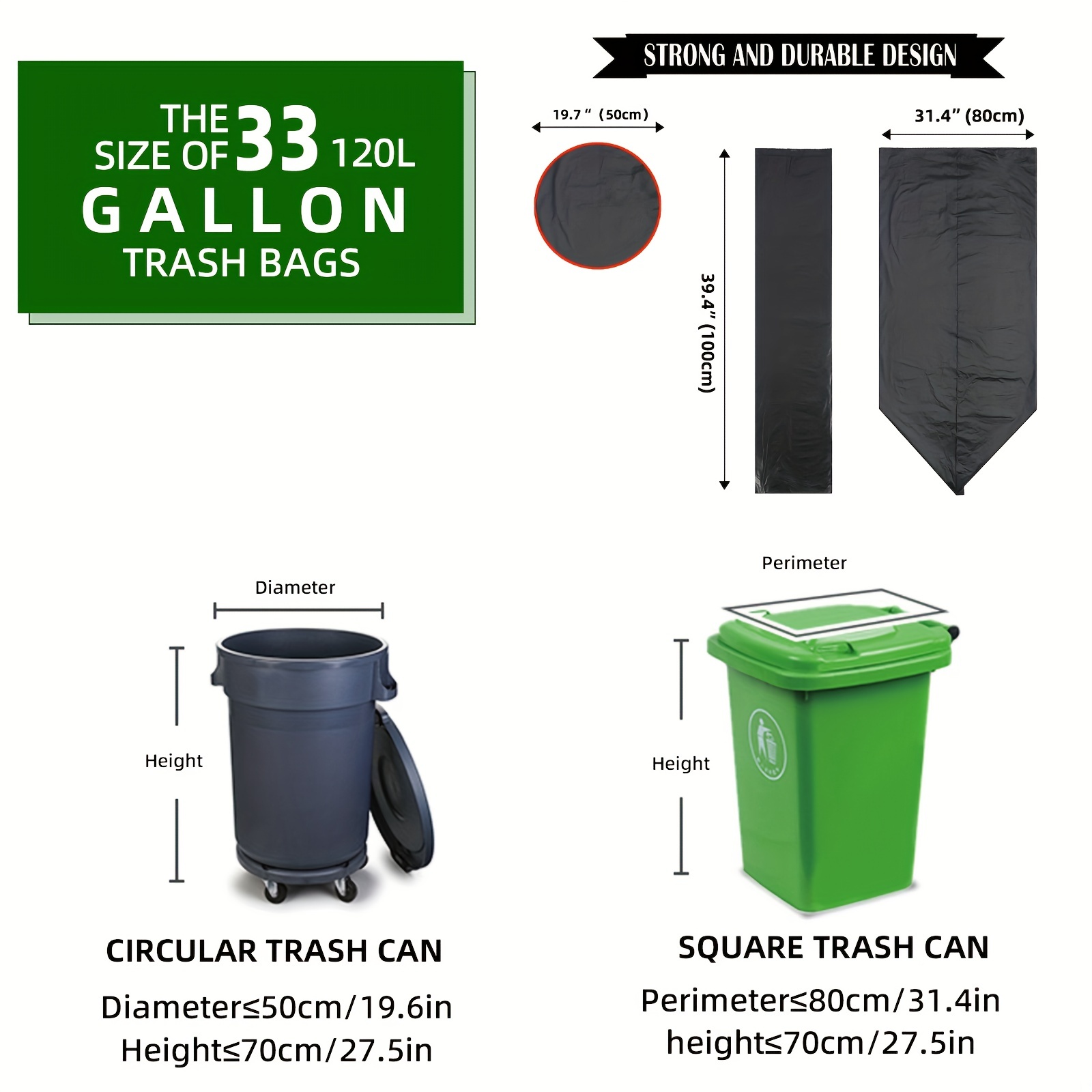 Bolsas de basura de 33 galones, bolsas de basura negras resistentes,  versión mejorada, bolsas de basura grandes de 32 x 39 pulgadas, 30 galones,  32