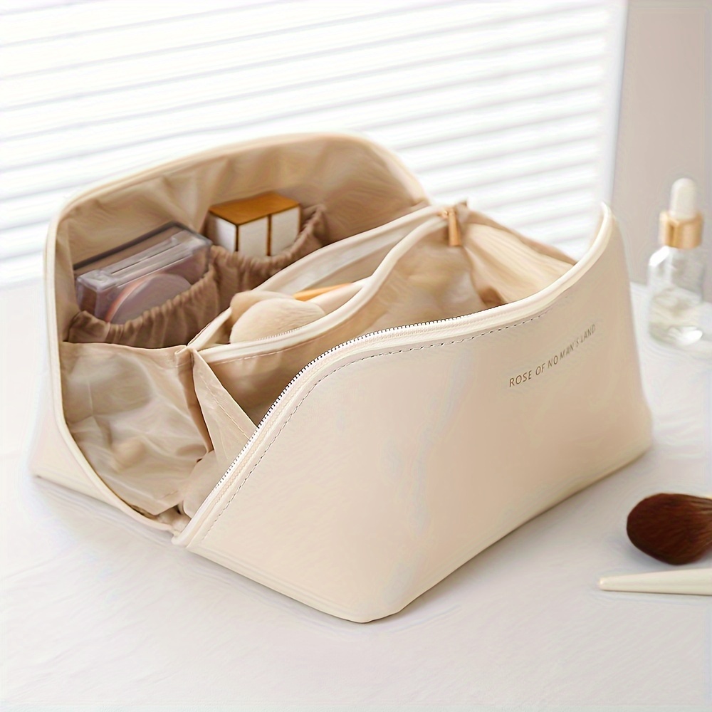 Vispayi Large Capacity Travel Cosmetic Bag, Portable Opens Flat Makeup Bag,  PU Leather Waterproof Makeup Bag for Women, Travel Storage Toiletry Bag