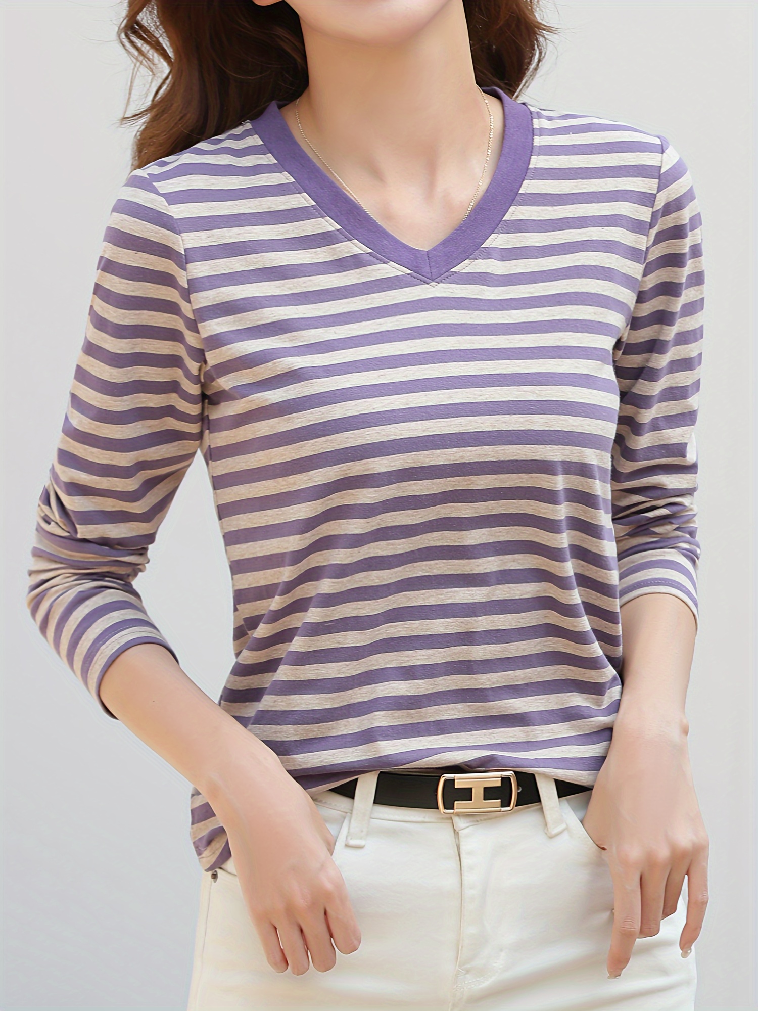 striped long sleeve t shirt v neck casual top for spring fall womens clothing purple 3