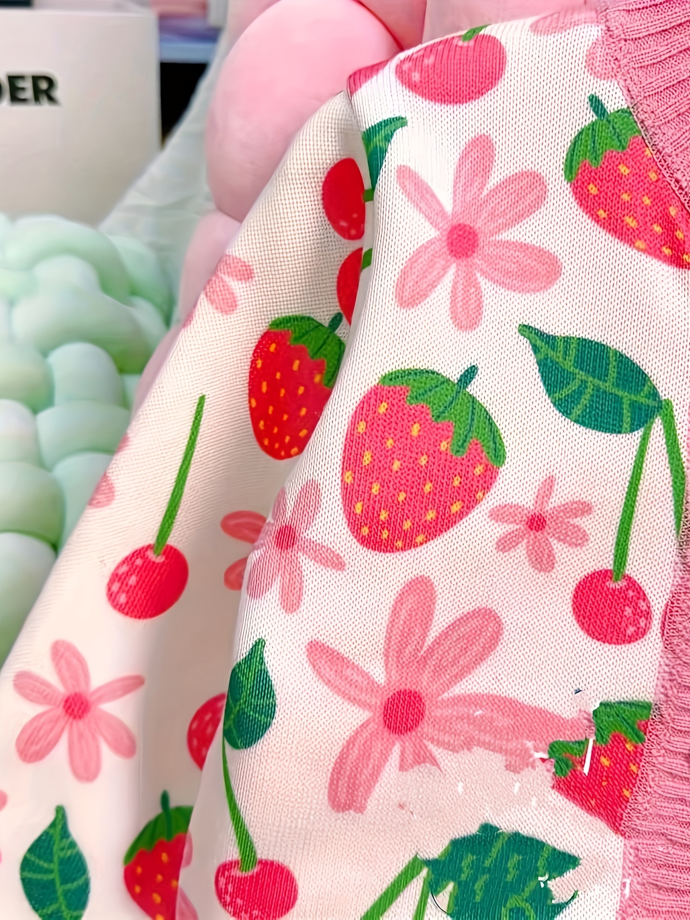 Manteau Pull Chaud Tricoté En Jacquard À Fleurs Et Fraises Pour Filles