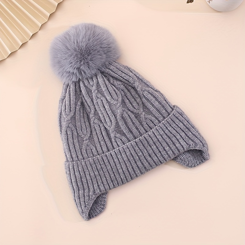 Solid Twisted Beanie Hat with Pom Poms, Fashionable Chunky Soft Warm Cable Knit Hat,Temu