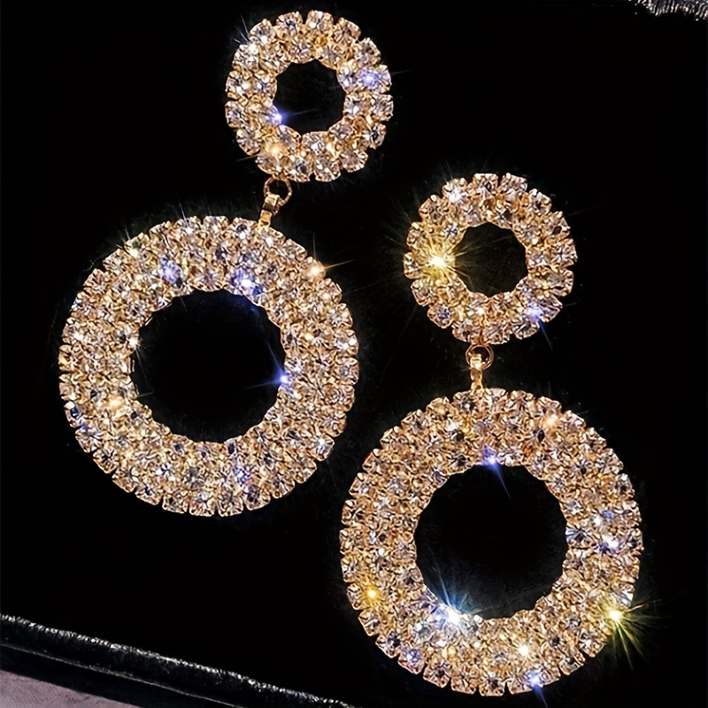 

Double-circle Design Hollow Dangle Earrings With Full Shiny Rhinestone Decor Elegant Luxury Style Copper Jewelry Banquet Ear Ornaments