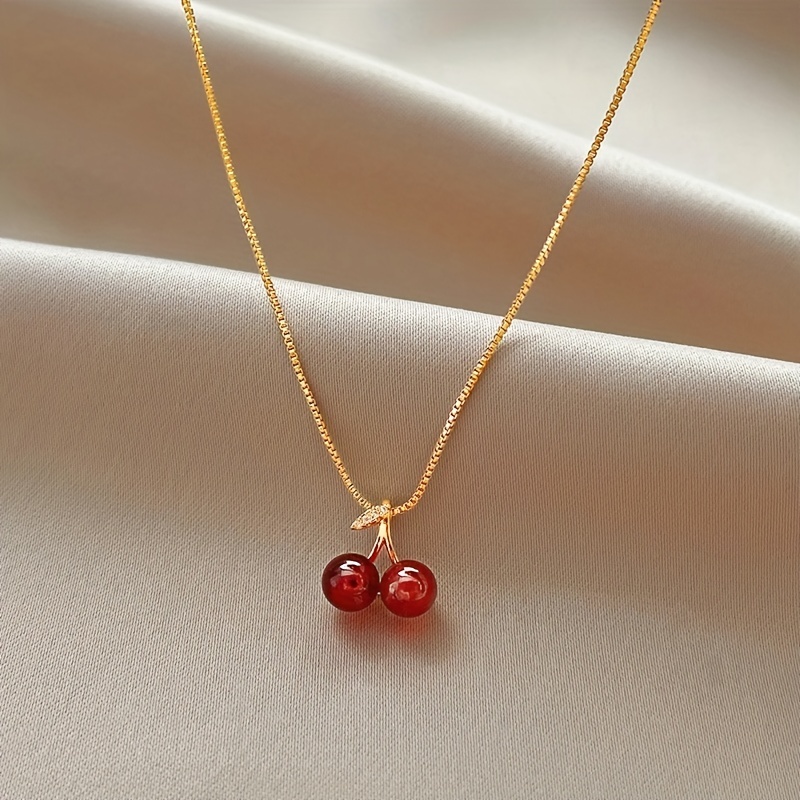 Golden Red Cherries Pendant Necklace, Zirconia Choker