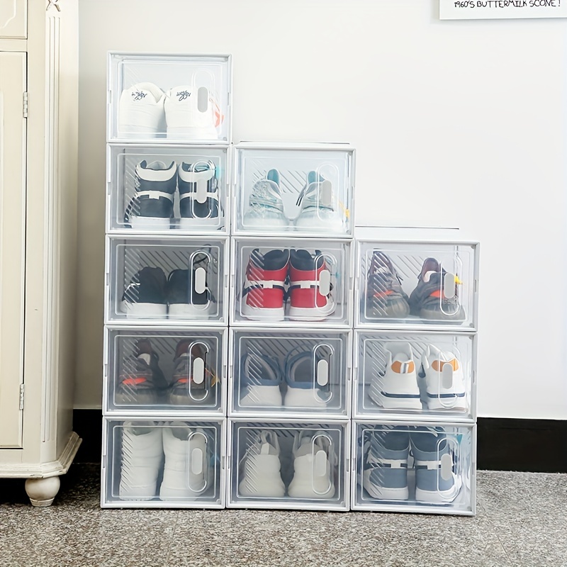 KPX Paquete de 12 organizadores apilables de almacenamiento de zapatos de  plástico con tapa, cajas de zapatos transparentes con caída frontal