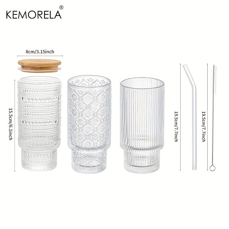 4pcs, Ribbed Glass Cups With Lids And Straws, 16oz Drinking