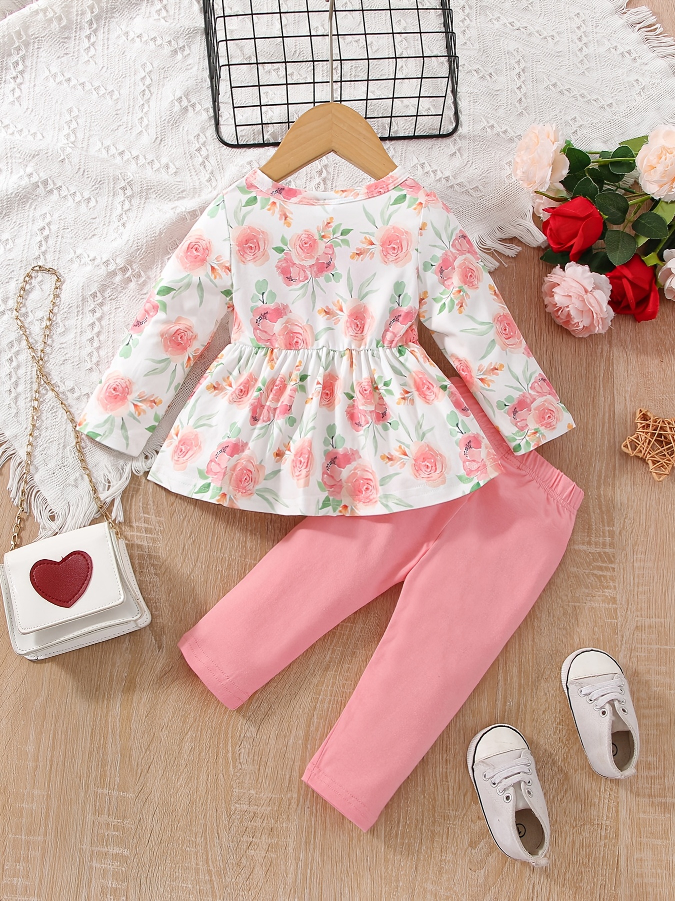 Baby Girls Cute Floral Print Peplum Top Leggings Set For - Temu