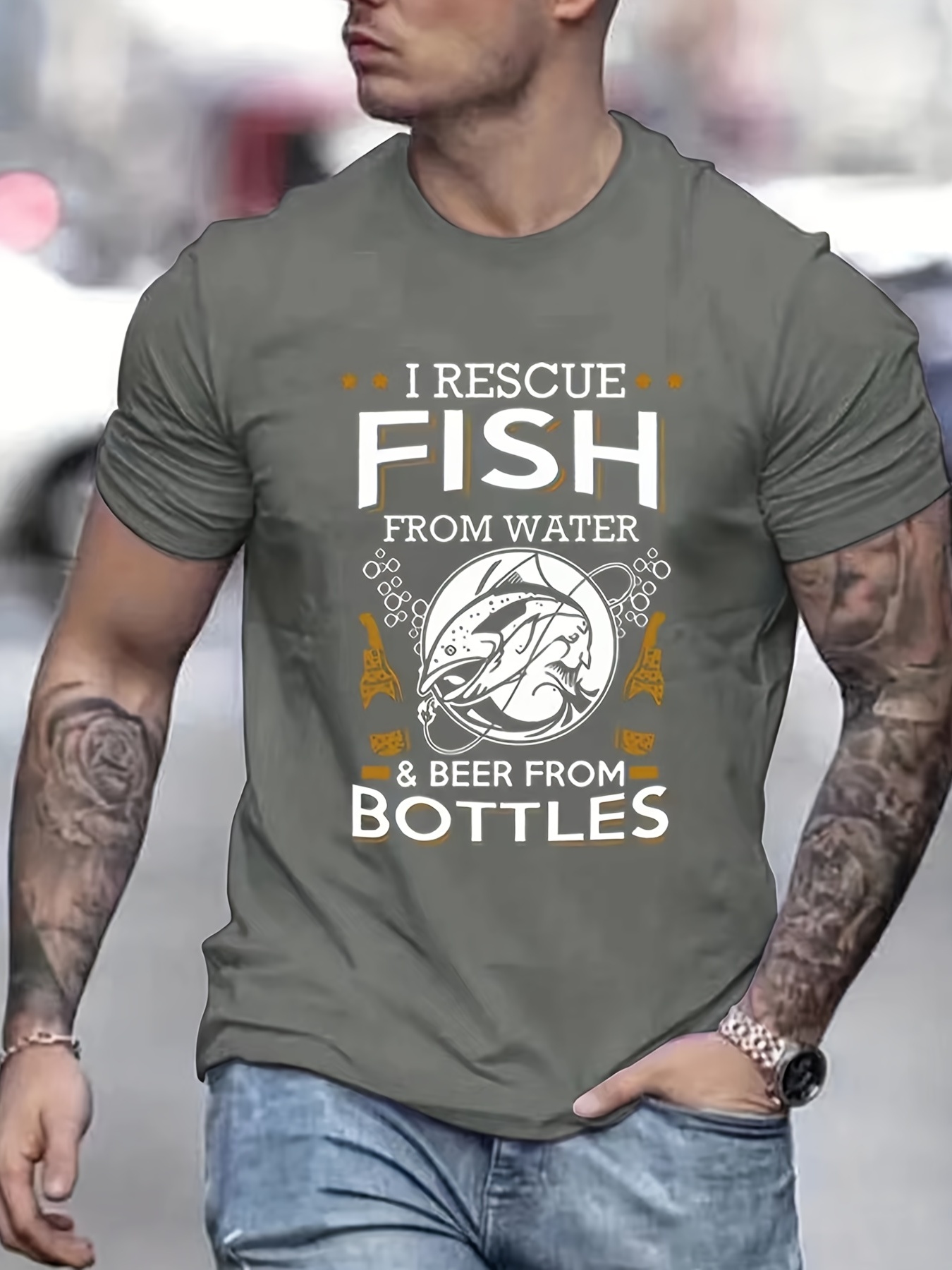 Funny 'rescue Fish Beer' Print T Shirt Tees Men Casual Short - Temu