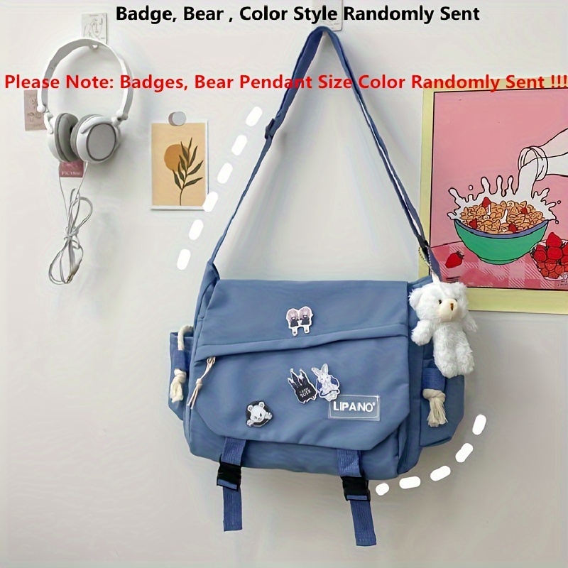 Aesthetic Messenger Bag With Stuffed Pendant And Pins Kawaii Crossbody Bag  For Women Girls School Messenger Bag