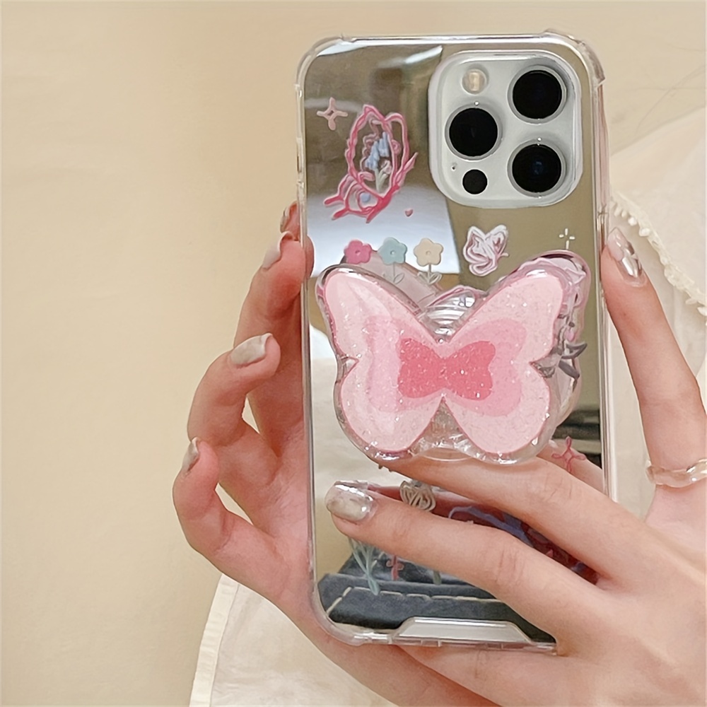 Korea Stylish Mirror Letter Colorful Flower Glitter Butterfly Bracket Soft  Phone Case For IPhone 14 Pro Max 13 12 11 Cute Four Corners Anti-drop Shock